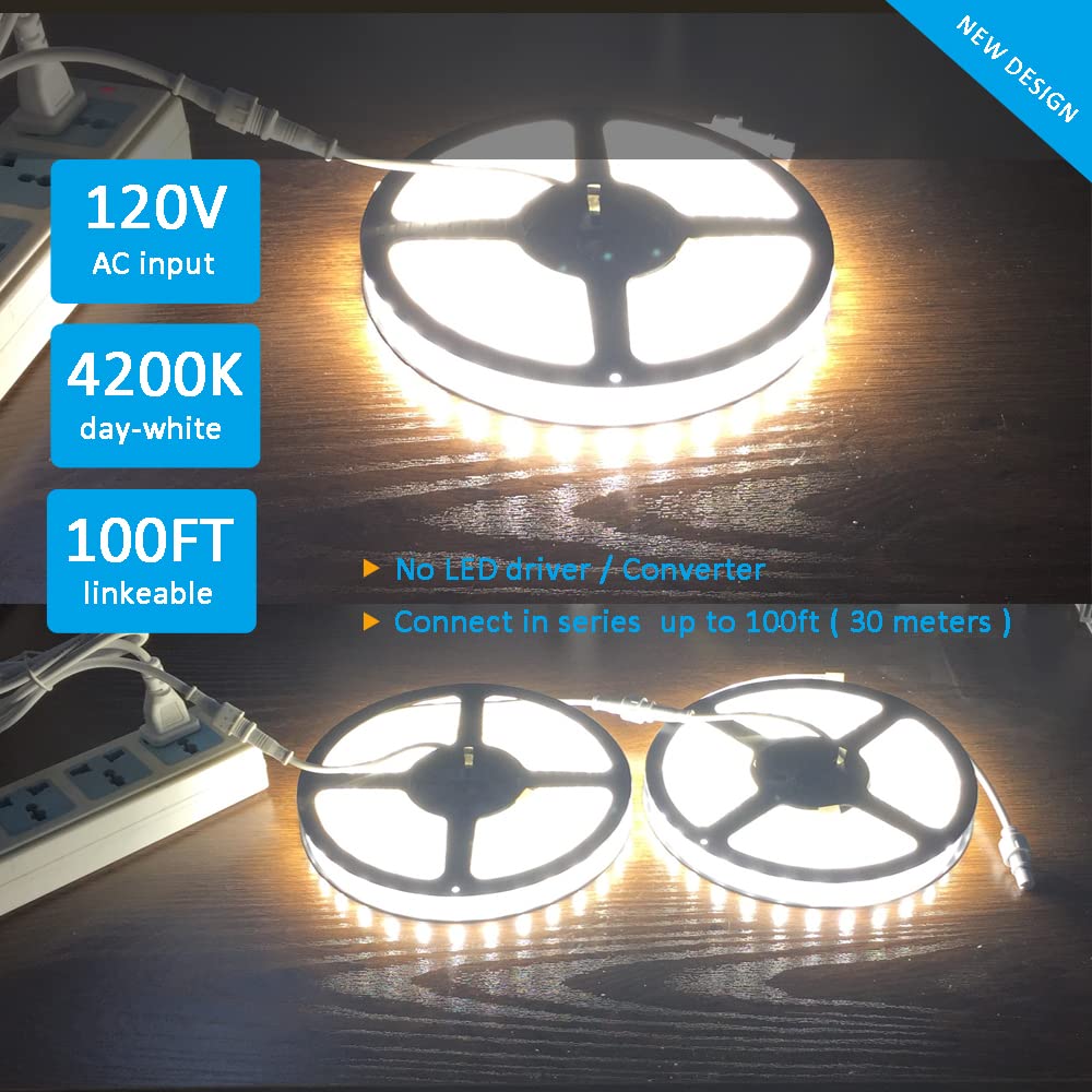 120V Dimmable LED Strip Lights 4200K Daylight, Work with Smart Plug,110V Dimming by Wall Dimmer, No Driver Need, Waterproof IP65, Length 16.4ft Under Cabinet Light, 115V Cove Light Accent Lighting