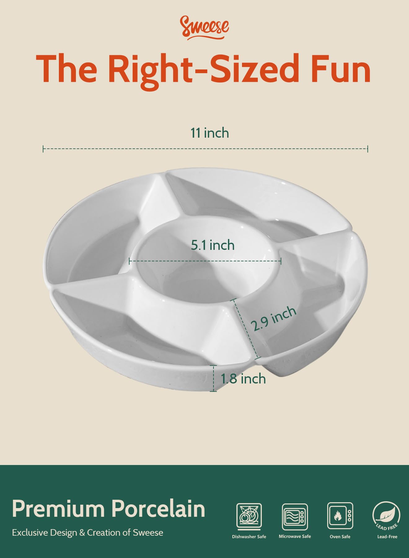 Sweese Porcelain Chip & Dip Serving Set - Divided Platter with 5 Compartments, Relish Tray for Snacks, Veggies, Candy - Durable, Microwave & Dishwasher Friendly - Elegant White Design for Parties