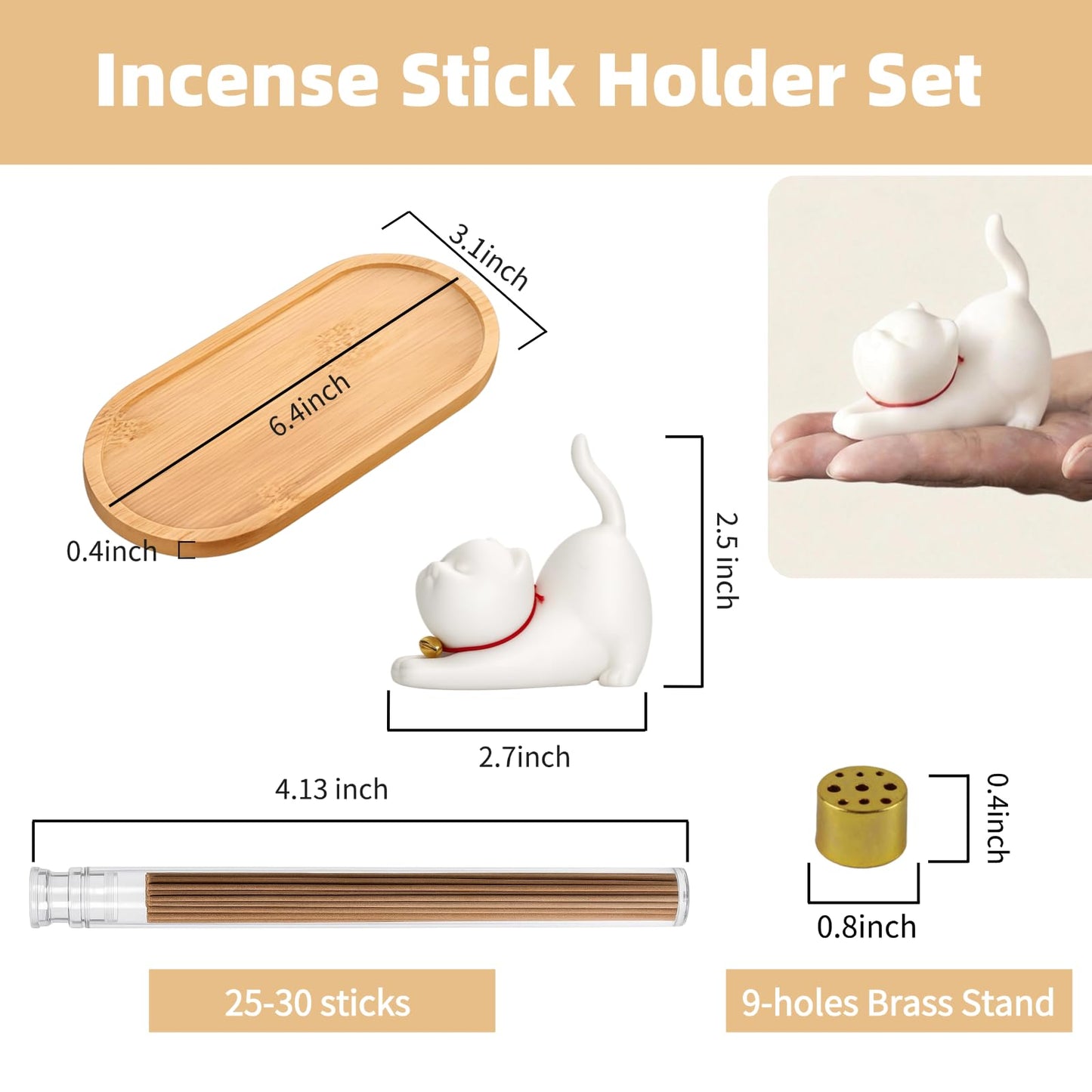 Cute Ceramic Cat Incense Holder Set with Bamboo Ash Tray and Sticks, Handmade Cat Incense Burner Incense Holder for Sticks for Yoga Spa Meditation Massage Home Office Desk Decor Zen Space Gifts