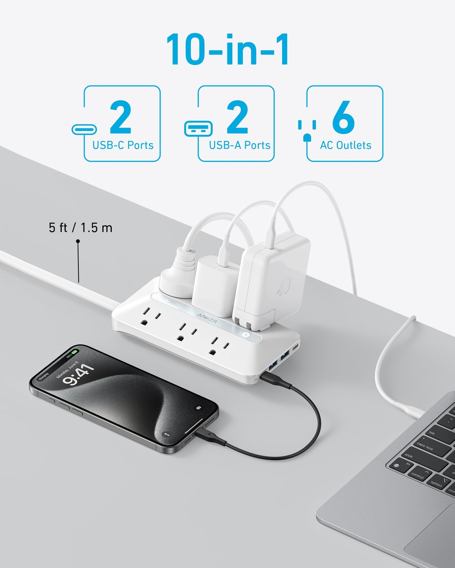 Anker 300J Flat Plug 10-in-1 Ultra Thin Power Strip with 6 AC, 2 USB-A & 2 USB-C Ports, Extension Cord, Desk Charging Station for Home, Office, College, Dorm, 5 Feet, Black