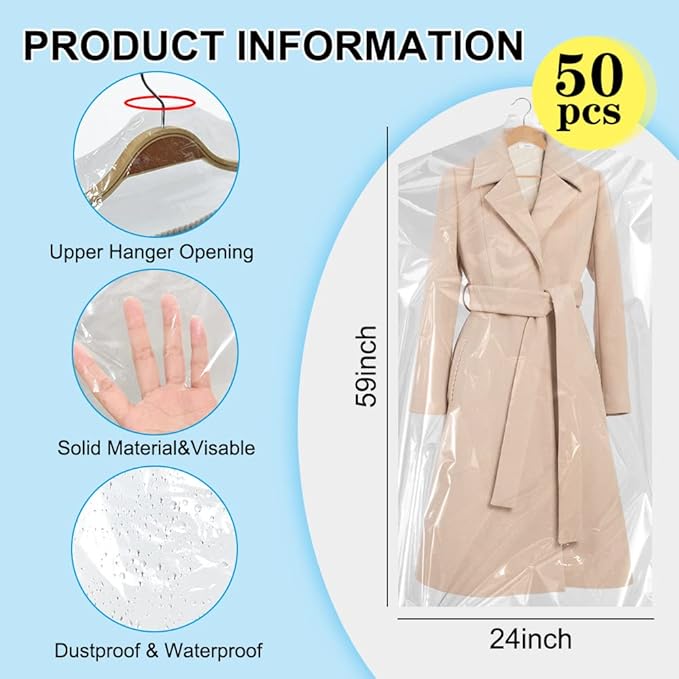 BEISHIDA 50PCS 60 Inch Plastic Garment Bag-Plastic Clear Dry Cleaner Laundry