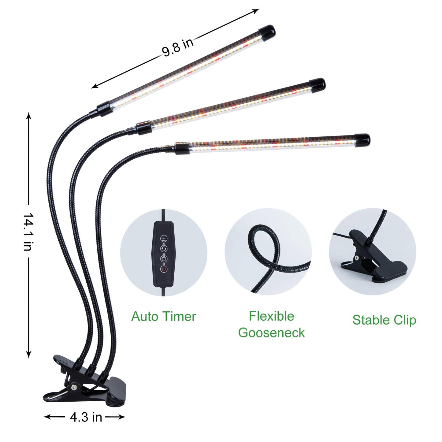 ELITUN Grow Lights for Indoor Plants, 3000k/5000k/660nm Full Spectrum Plant Light with 3/9/12H Timer, 9 Brightness Levels, Auto ON/Off, 3 Heads Clip 126 LEDs Plant Grow Lamps