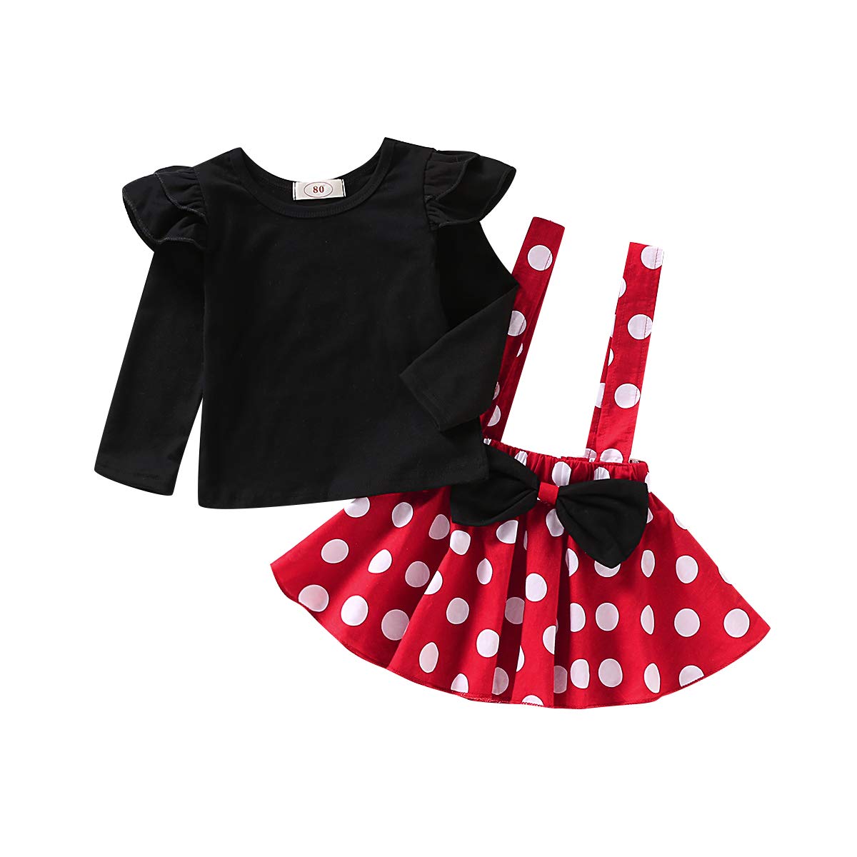 Baby Girls Skirts Set Ruffle Cloth +Polka Dot Overall Dress Bow Polka Dot Skirt Set (Black and Red, 12-18 Months)