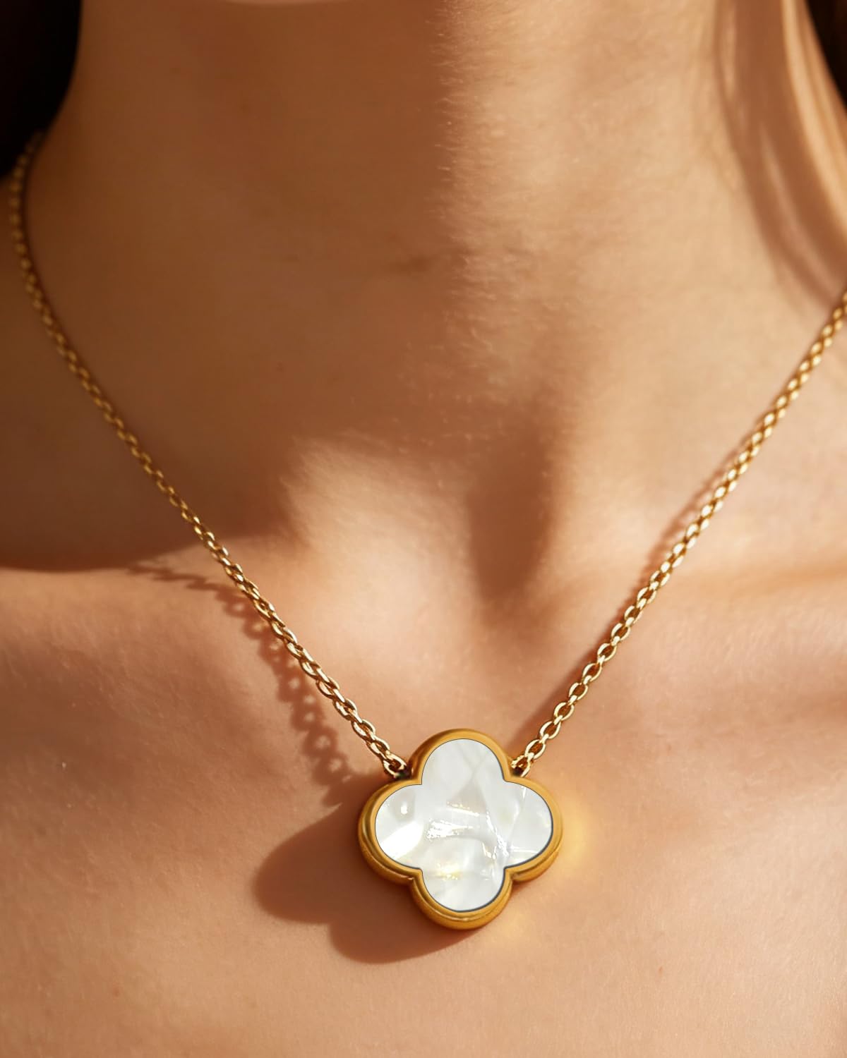 Aimétte Monette 18K Gold Plated Necklaces for Women, Dainty Lucky Four Leaf Clover Gold Necklace Set 2 Side Clover Charm Necklace, Fashion Jewelry Gifts for Women Black and White