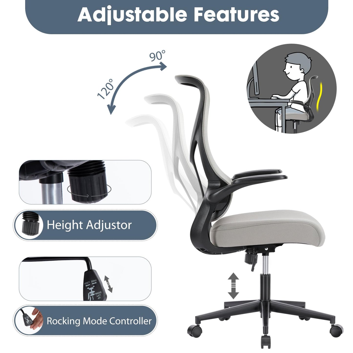 Sweetcrispy High Back Office Chair - Ergonomic Computer Gaming Mesh Chairs with Lumbar Support, with Soft Flip Up Arms, Adjustable Height and 360° Wheels, 120° Tilt, Grey