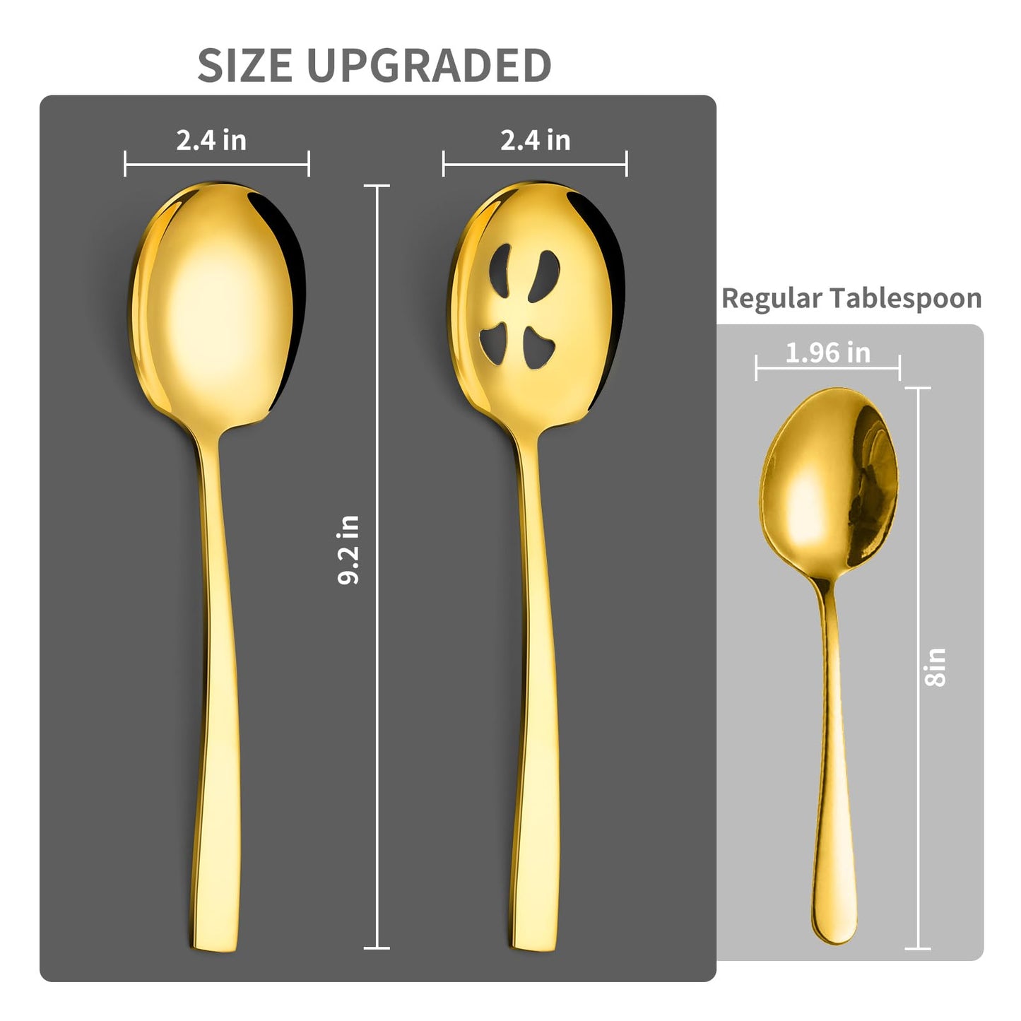 Keyoxy 8 Piece Stainless Steel Serving Spoons Set - 4 Large, 4 Slotted, 9.2-Inch, Dishwasher Safe, for Parties/Kitchen/Buffet/Catering,Gold