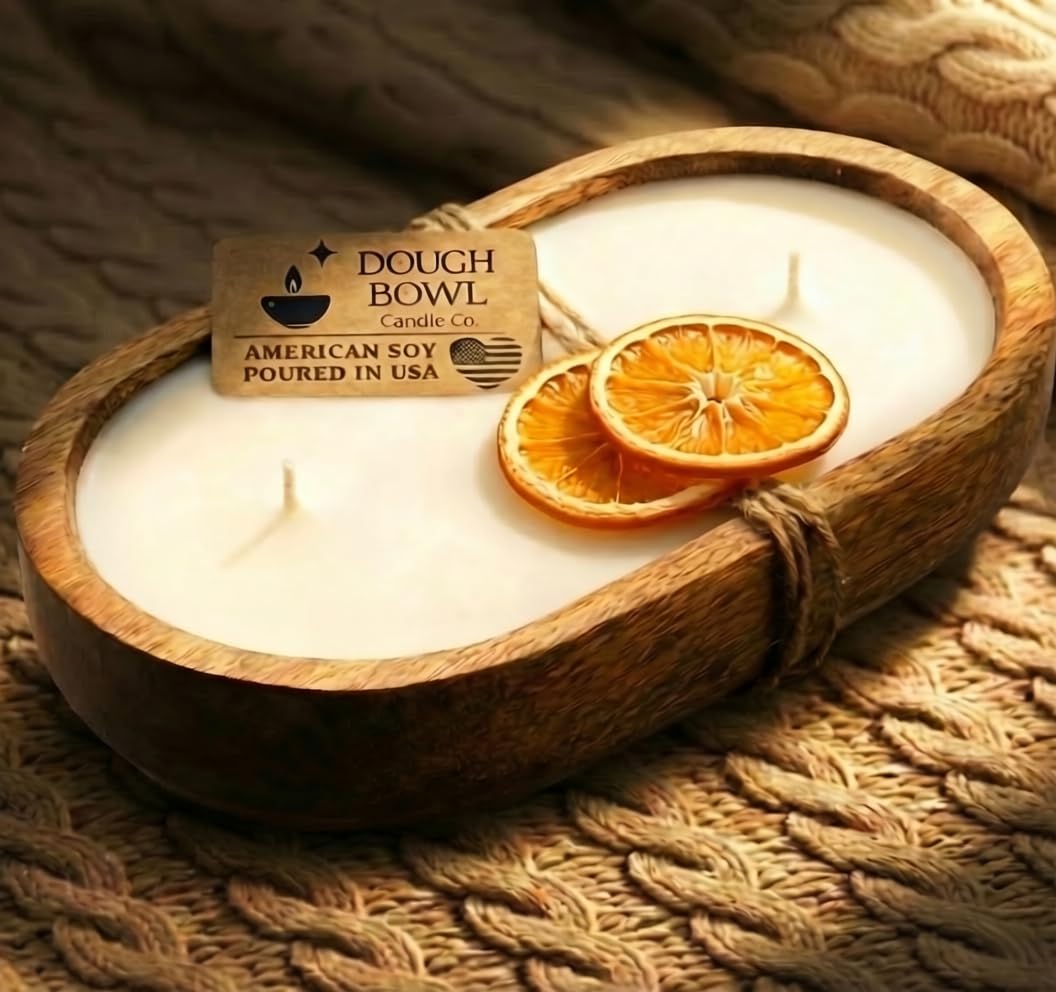 Dough Bowl Candle Co. Orange Candles - Citrus Scented Candles for Home (Mandarin Cranberry Cherry Vanilla), Non Toxic 100% Soy Wax, Decorative 3 Wick 10x6 Big Luxury Aromatherapy Gifts for Women Men