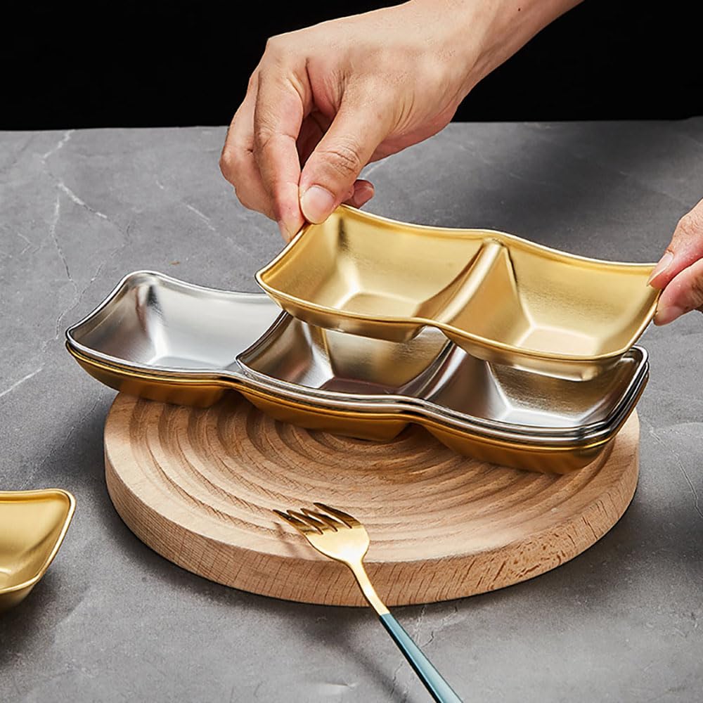 maiwalk Stainless Steel Side Dishes 4pcs Sauce Dish Bowls Condiments Cup Serving Bowl Set Sushi Dipping Saucers Soy Dipping Bowls for Home Kitchen Restaurant BBQ (Gold, 2 Compartment)