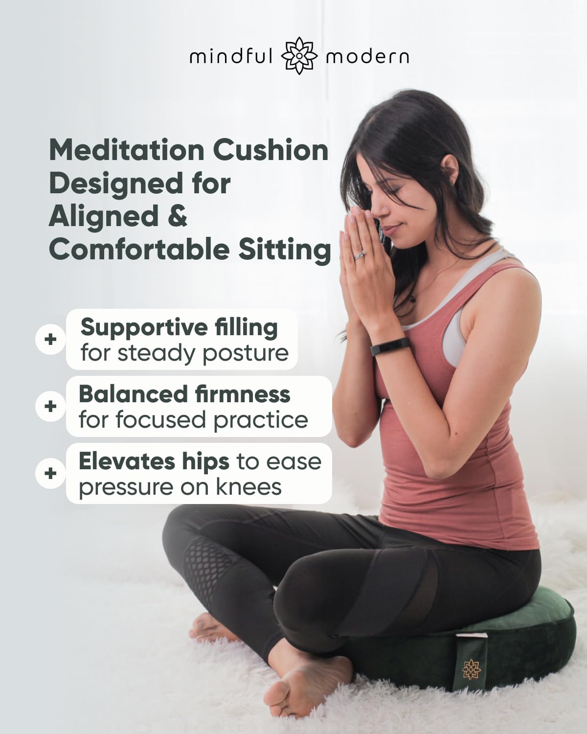 Mindful & Modern Velvet Meditation Cushion | Luxe Zafu Yoga Floor Pillow Seat | Posture Support | Buckwheat Hull Filled | Large Round Cushion with Removable Washable Cover + Carry Handle | Color Green