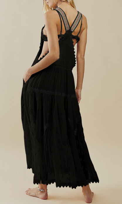 Women's Casual Lace Embroidered Maxi Dress Adjustable Strap Pleated Tiered Swing Long Dress with Pockets