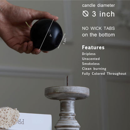 MOZEAL Hand-Poured, 3 Inch Black Round Ball Candles - Elegant Black Round Pillar Candles Set of 3, Dripless, Unscented, Smokeless, Ideal for Halloween Decor.