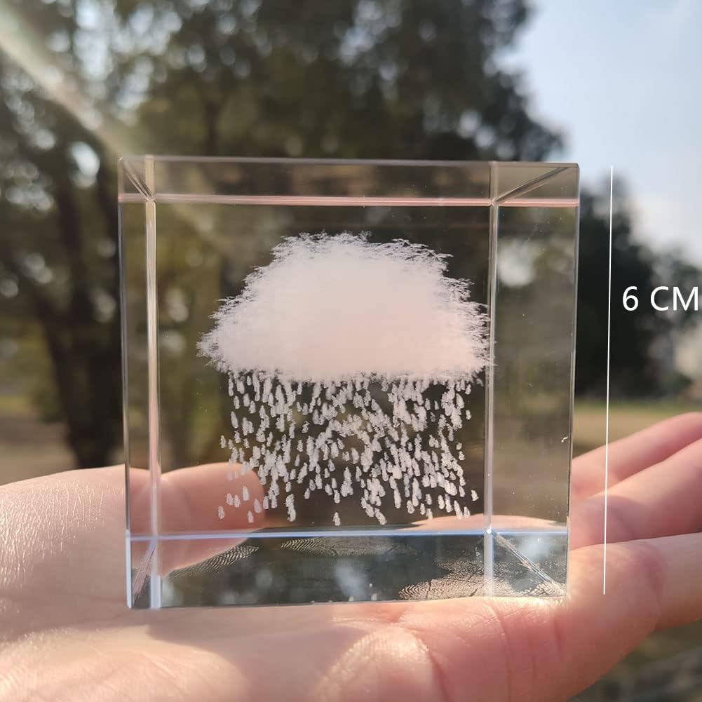 Crrezhai 3D Rain Cloud Crystal Cube Paperweight Room Decor K9 Glass Feng Shui Ornaments Figurines Engraving for Home (Rain)