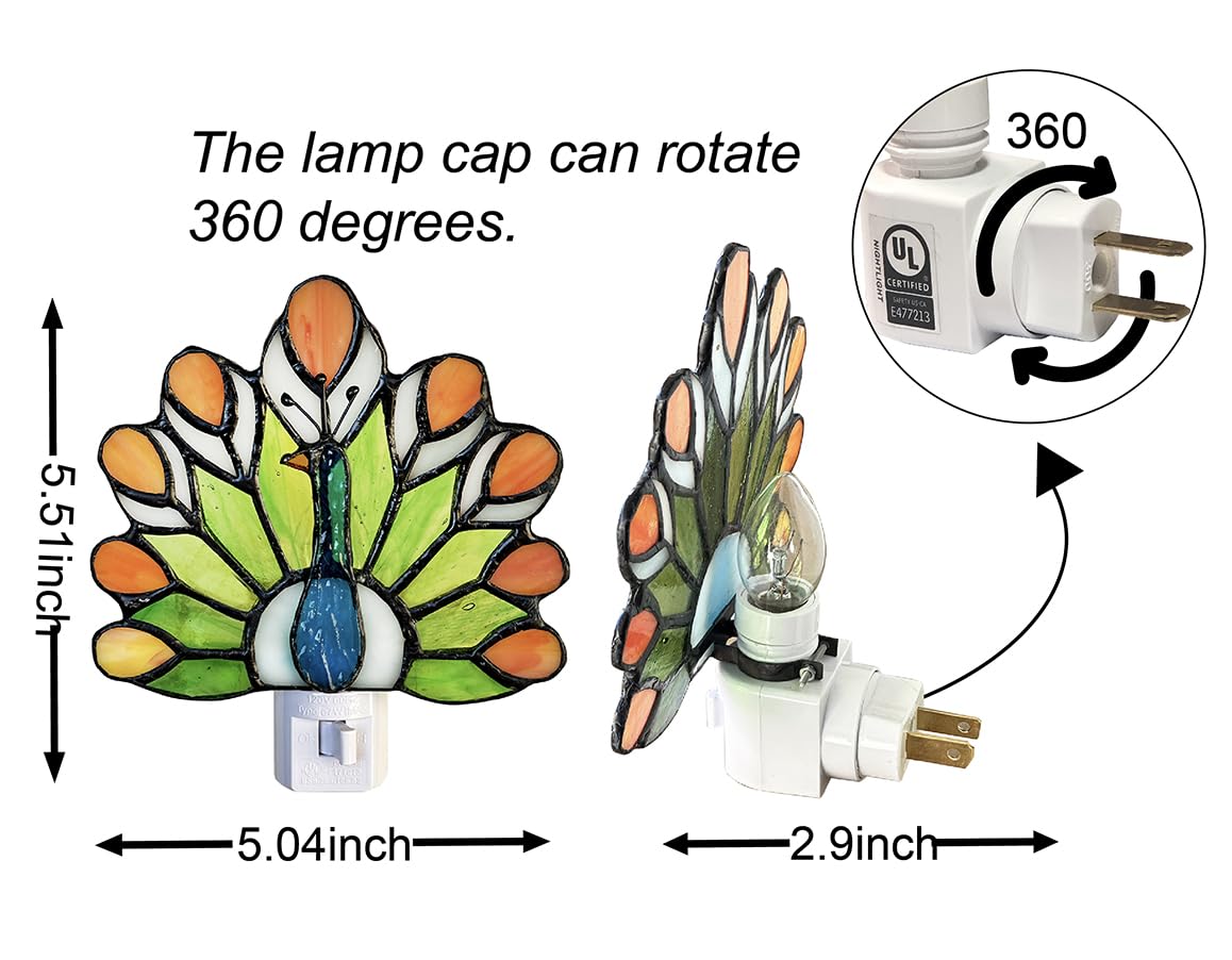 WKINGDIY Tiffany Stained Glass Peacock Night Light WKD1003 (Green、Orange) Tiffany Glass Night Light, Peacock Pattern, Stained