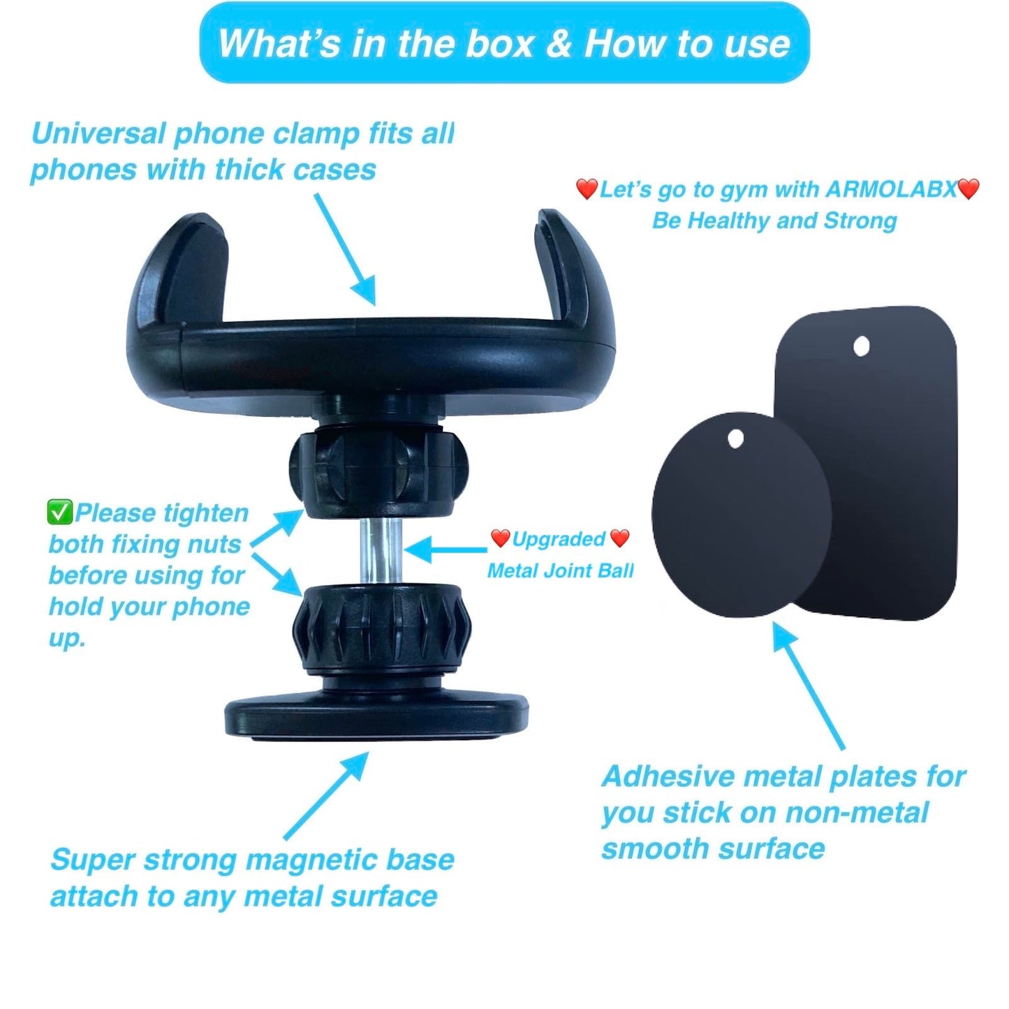 ARMOLABX Gym Magnetic Phone Holder Mount Attach to Metal Surface, [Big Phones & Thick Cases Friendly] Magnetic Phone Holder for Gym Workout Record Compatible with All Smartphones