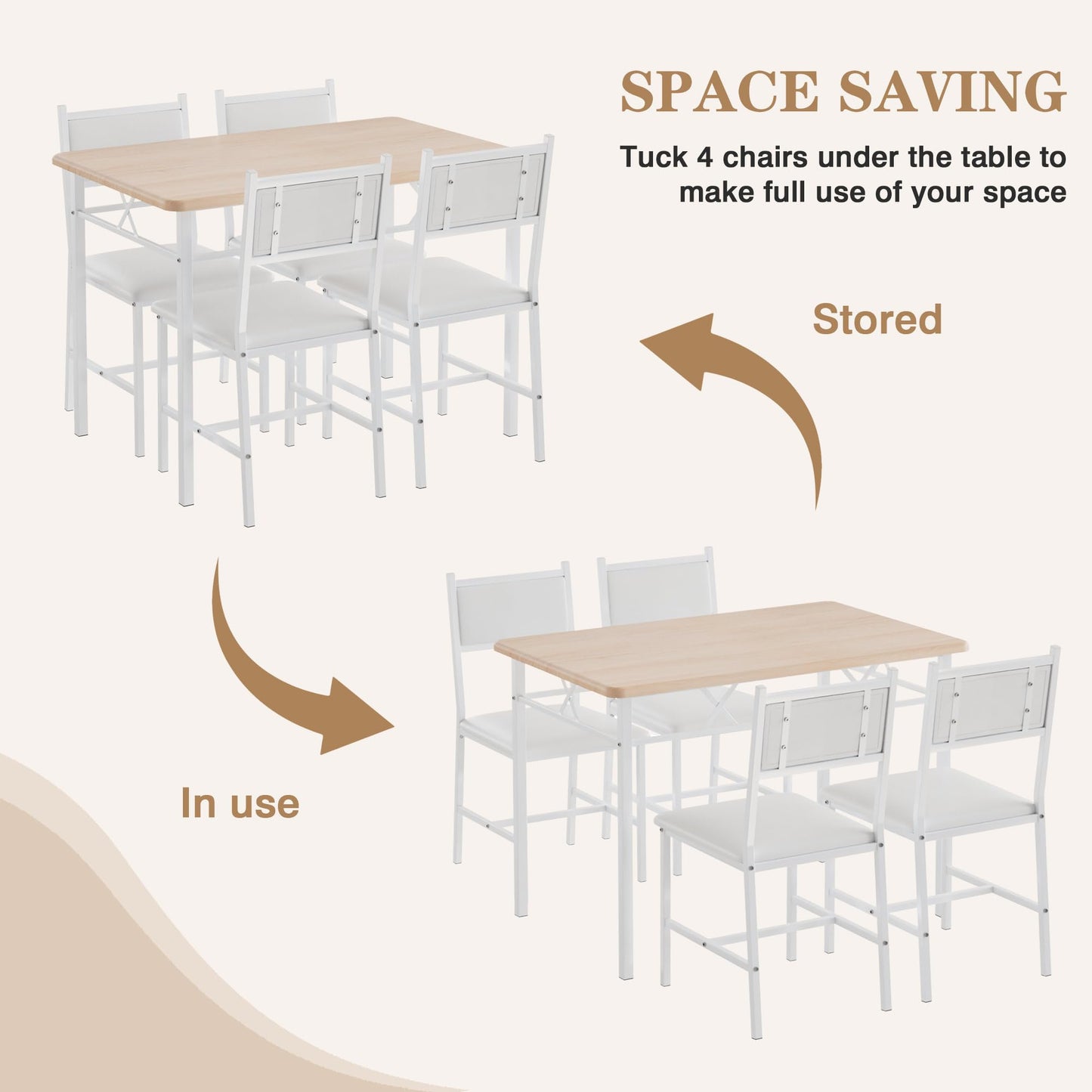 VECELO Dining Table Set for 4 with Chairs, 5-Piece Kitchen Table and Upholstered Padded Chairs Set for Small Space, Dining Room, Apartment, Natural White