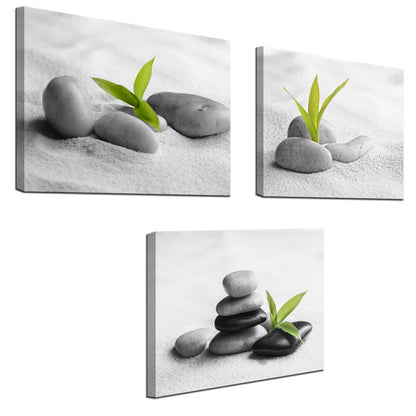 Biuteawal 3 Piece Zen Canvas Wall Art for Bathroom Decor Zen Stone with Green Plant Picture Print Peaceful Still Life Artwork Painting Modern Home Bedroom Meditation Room Spa Room Decoration