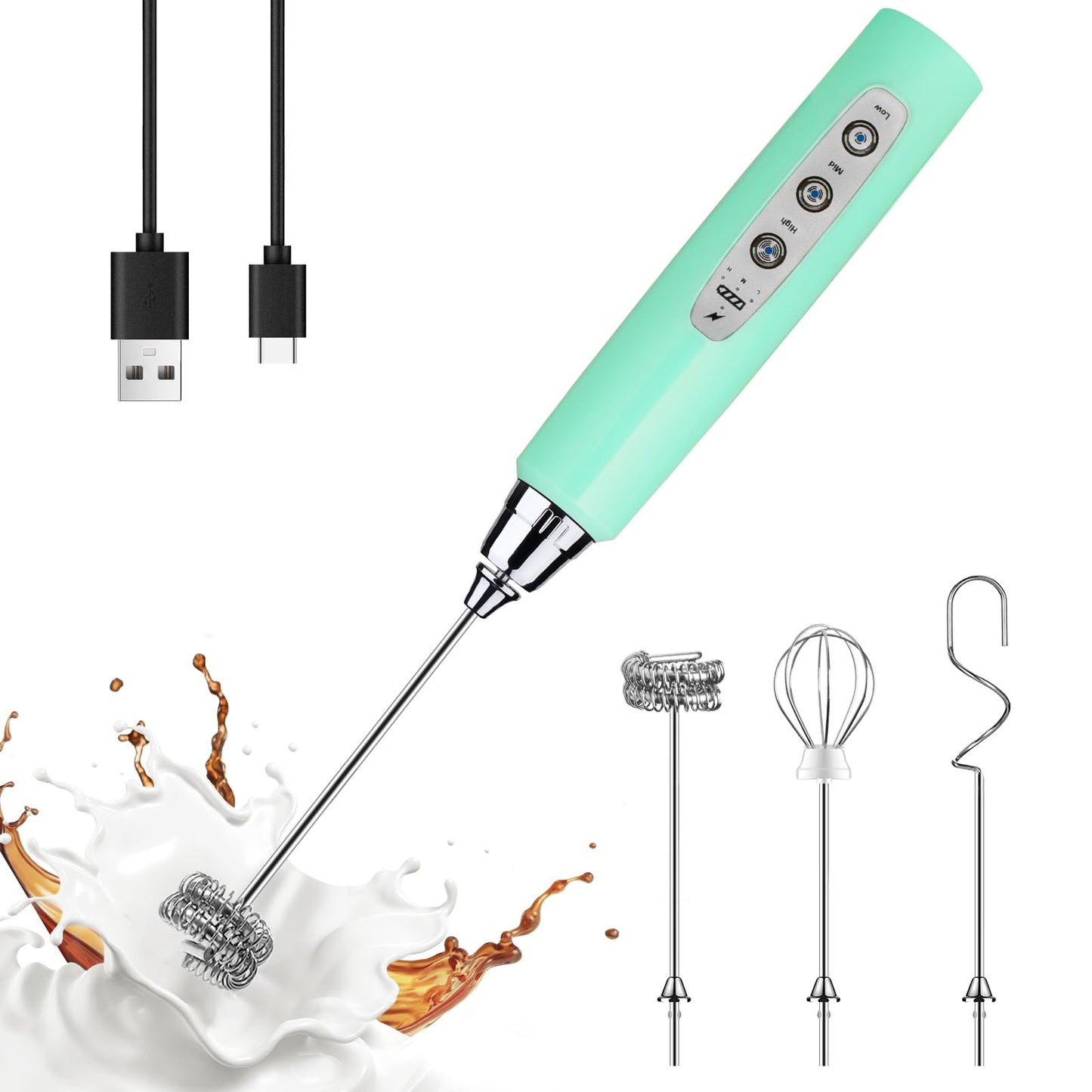 YUSWKO Black Handheld Milk Frother Wand for Coffee, Rechargeable Electric Whisk with 3 Heads 3 Speeds Drink Mixer Coffee Frother For Latte, Cappuccino, Hot Chocolate, Egg