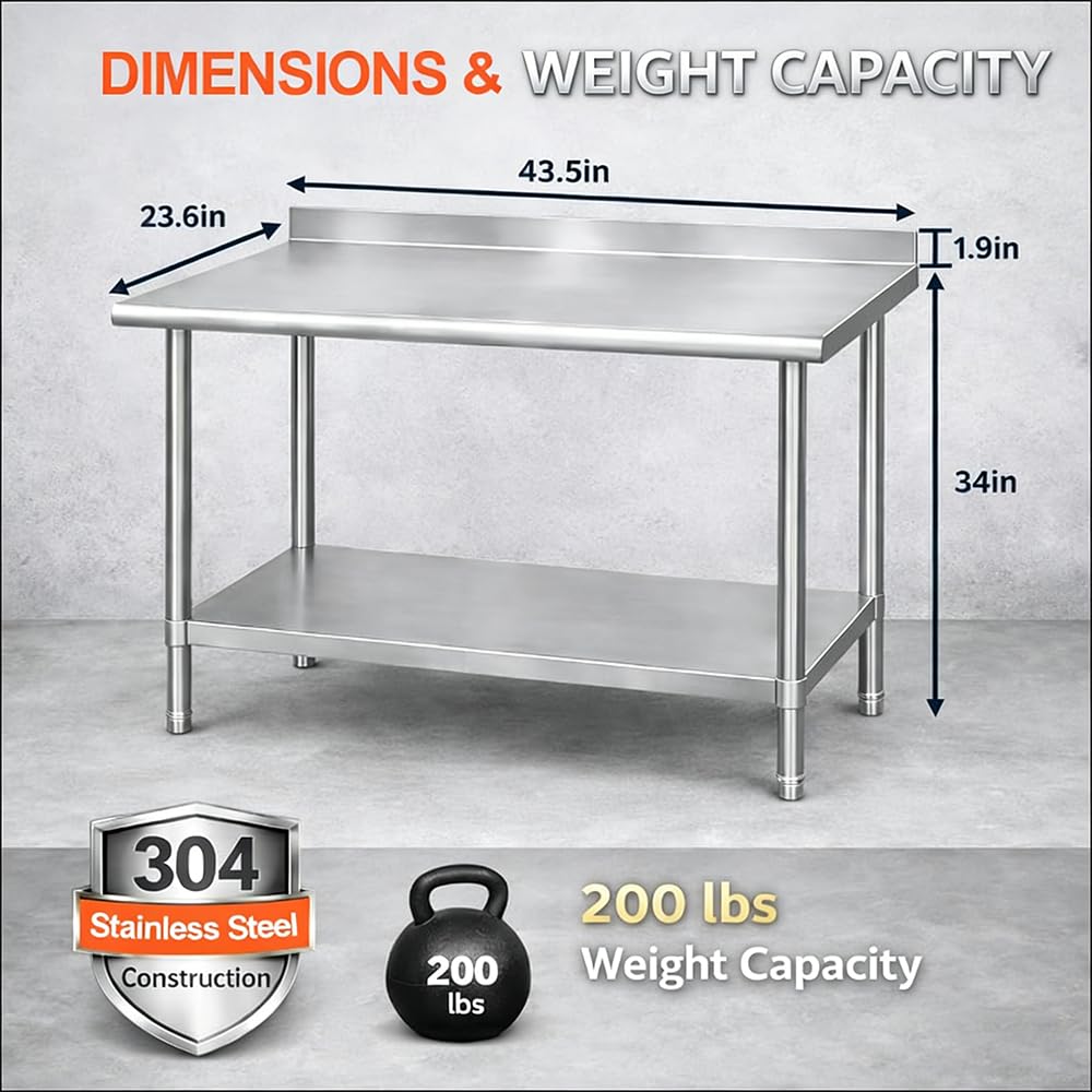 CYGJYZOD Commercial Stainless Steel Prep Table, 2-Layer Heavy Duty Kitchen Countertop, 43x24x31.5 Inch, Adjustable Height, Silver