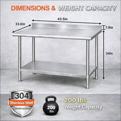 CYGJYZOD Commercial Stainless Steel Prep Table, 2-Layer Heavy Duty Kitchen Countertop, 43x24x31.5 Inch, Adjustable Height, Silver