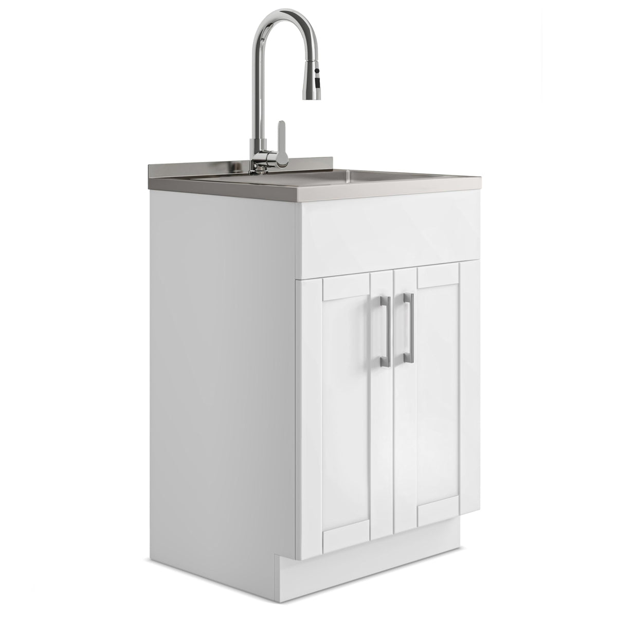 SIMPLIHOME Modern Wide Shaker All-in-One 24 inch Wide Utility Sink and Laundry Cabinet in Pure White Finish, Transitional Stainless Steel Sink Cabinet for Laundry Rooms with High-Arch Chrome Faucet