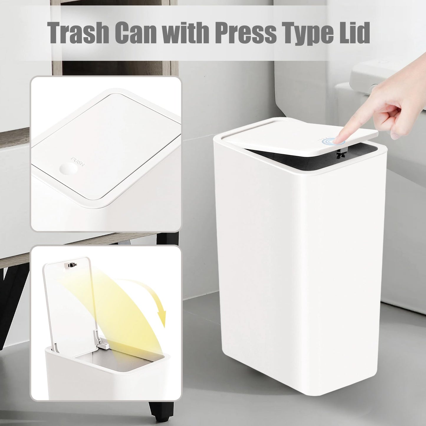 TIPGO Bathroom Trash Can with Lid, 10 Liter/ 2.6 Gallon Slim Garbage Can, Small Trash Bin Waste Basket with Pop-Up Lid for Kitchen, Bedroom, Living Room, Office (White), TSCL-10L