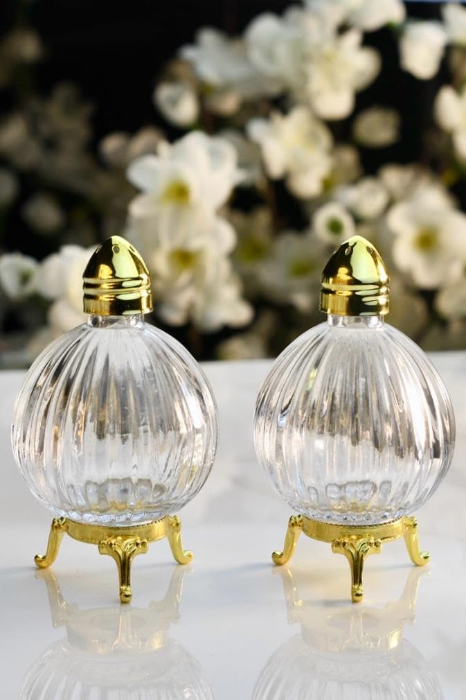 Decorative Glass Salt and Pepper Shakers, Globe Design, Gold-Silver Tone Metal Stand, Set of 2 (Gold)