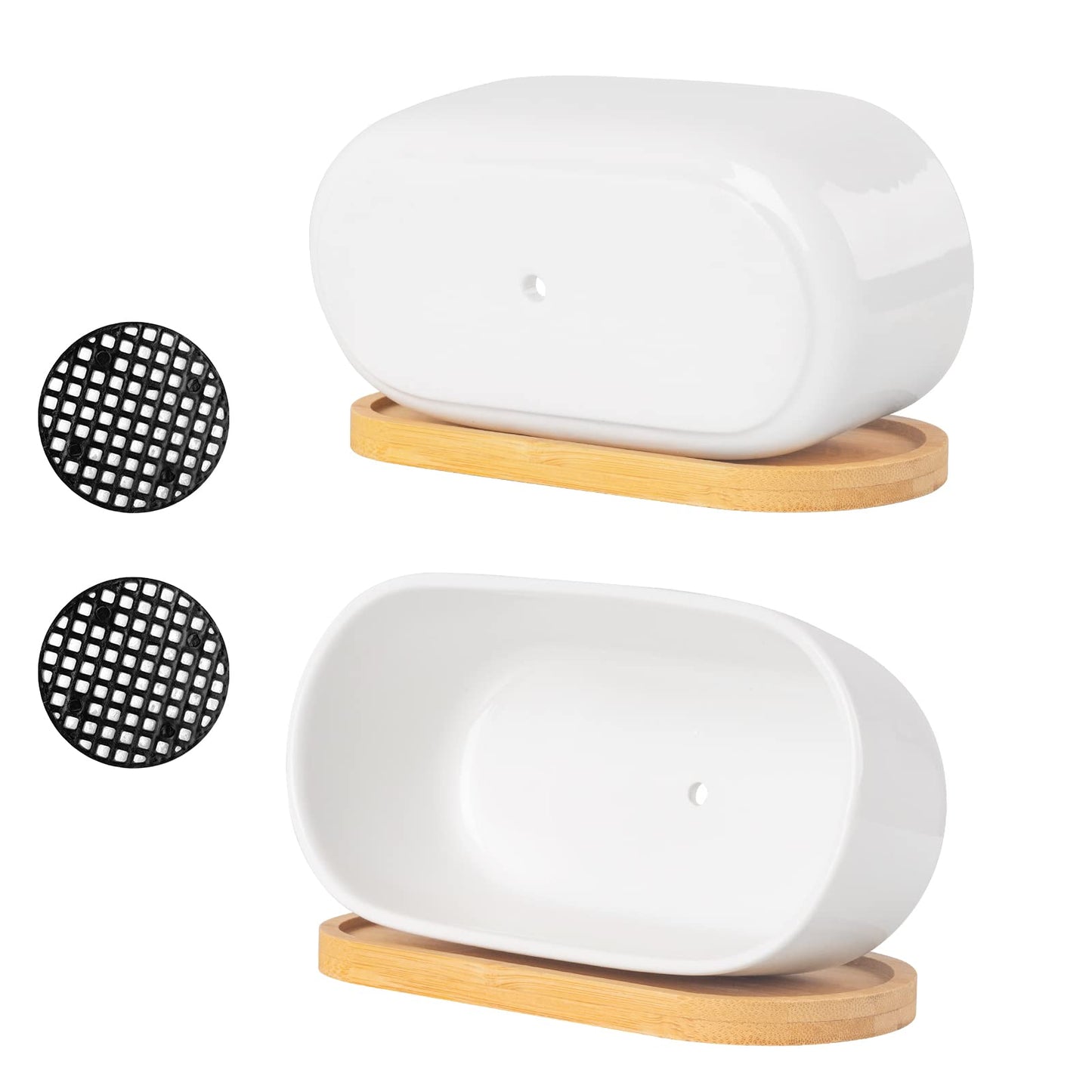 ARVINKEY White Ceramic Succulent Plant Pots, Indoor and Outdoor Succulent Planters, Set of 2 Small Cactus Containers, Bonsai Pots, Flower Pots with Drainage Hole and Bamboo Bowl (No Plant)