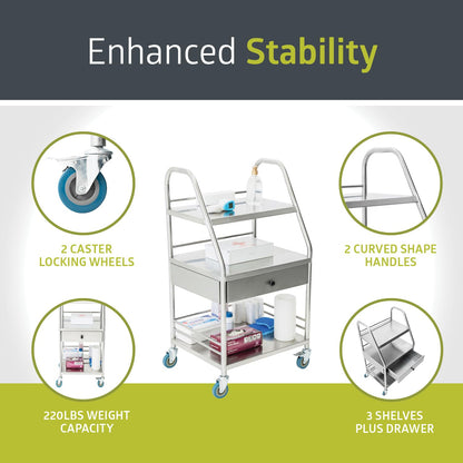 Pearington Rolling Medical and Lab Cart with 3 Shelves & Drawer, Transportable Workstation, Stainless Steel Mobile Storage Cart for Clinic, Salon, and More, 21.22'' L x 17.29'' W