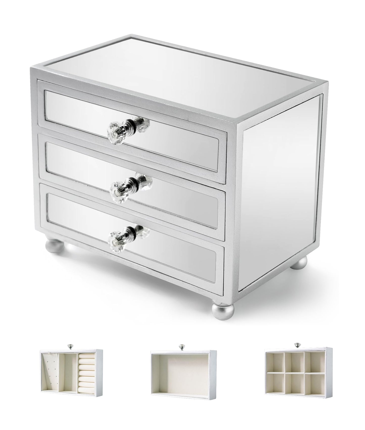 Gifturbo 3 Layer Mirrored Glass Jewelry Box, Large Capacity Women's Storage Box with Velvet Interior and Crystal Handle