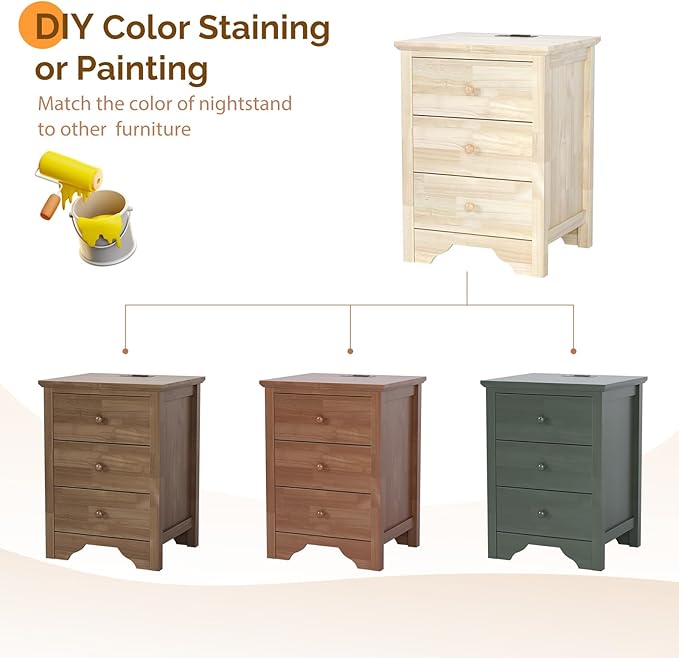 Bonnlo Solid Wood Nightstand Unfinished