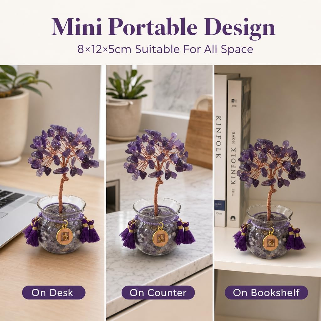 Fatonio Natural Small Amethyst Money Tree Crystal, Handmade Crystal Feng Shui Decor, Positive Energy Wealth Luck Statue Crystal Tree for Home Office Shop Cashier, Ideal Lucky Gift for Women Friends