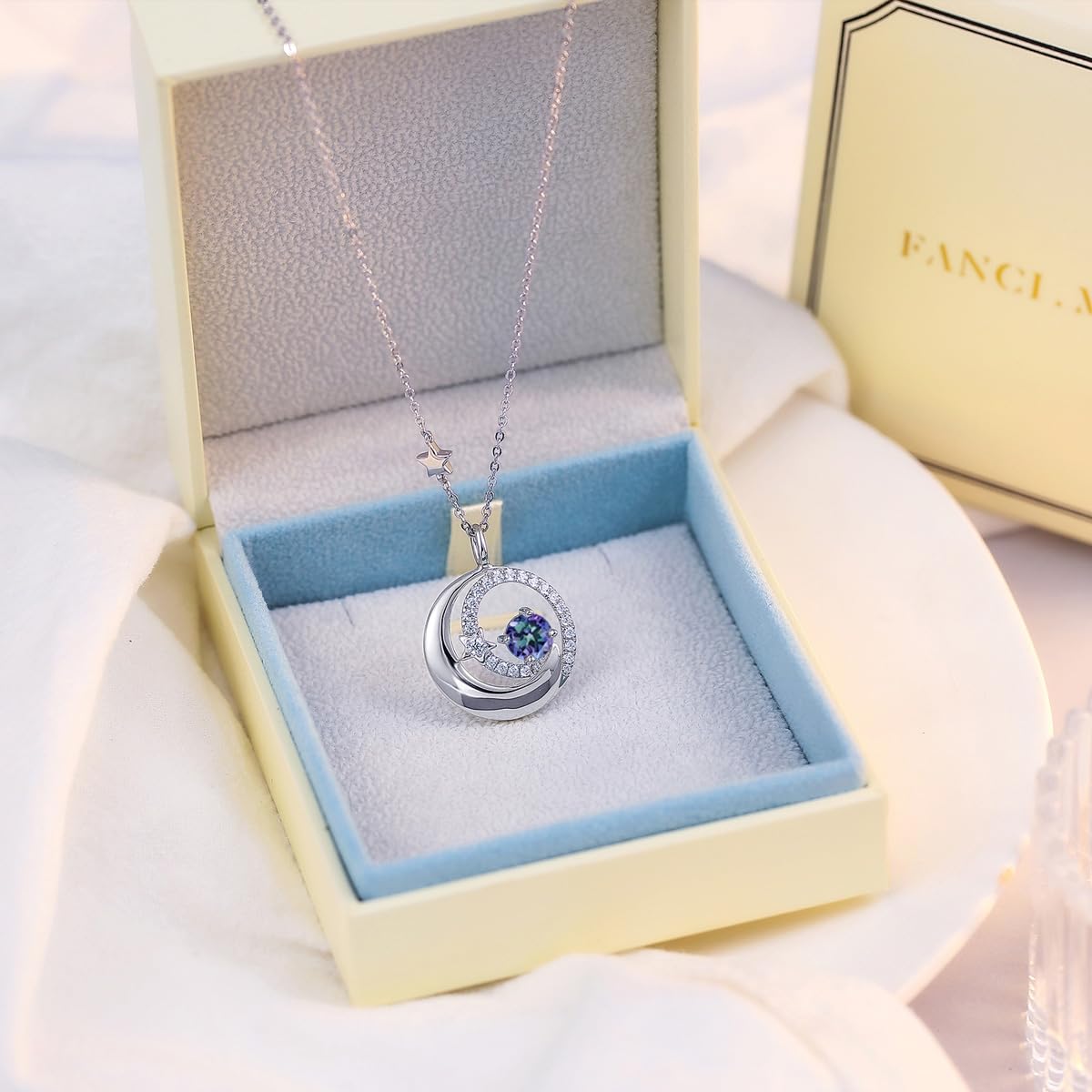 FANCIME Alexandrite Necklace 925 Sterling Silver June Birthstone Moon Star Pendant Fine Jewelry Birthday Anniversary Mothers Day Gifts for Mom Women Daughter