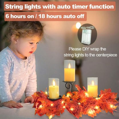 Fall Candle Holder Fall Table Centerpiece with Lights Thanksgiving Table Decor with Pumpkins Berries Maple Leaves Autumn Harvest Decoration with 3 Candle Holders for Dining Table Fireplace Home Decor