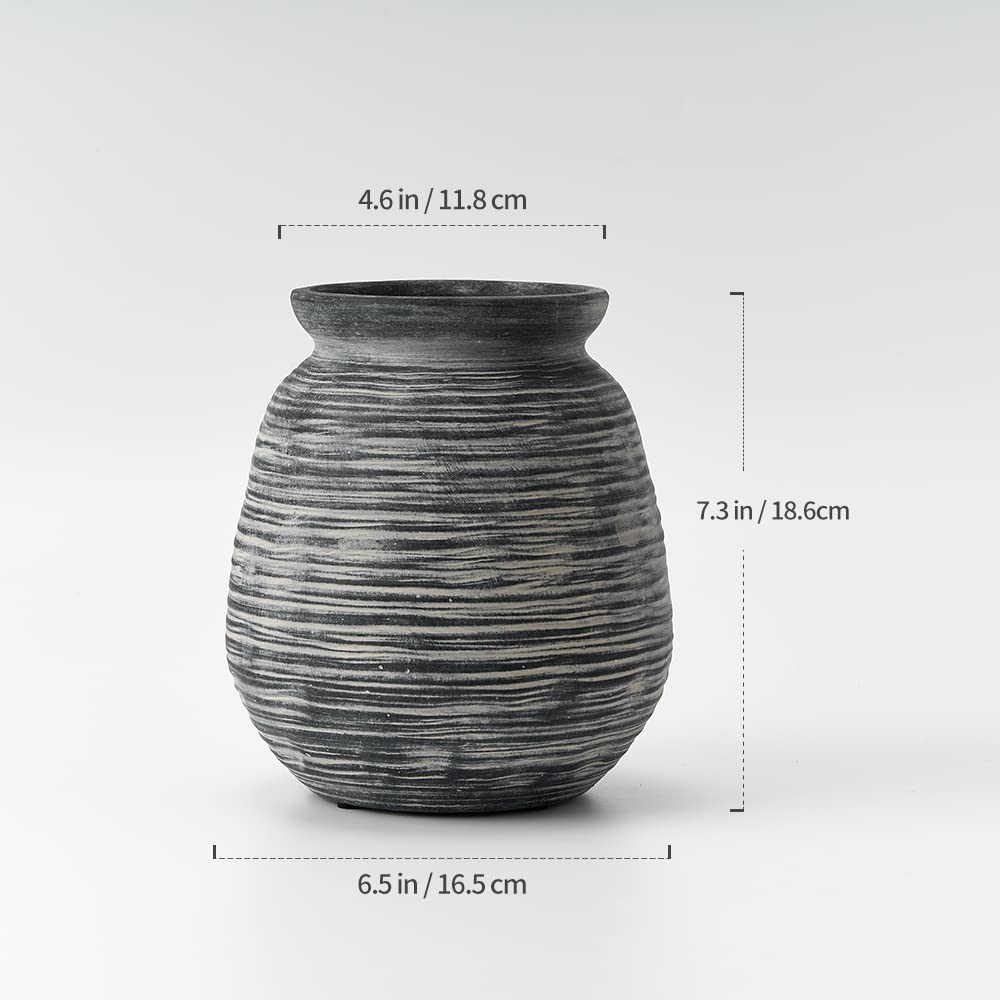 SIDUCAL Ceramic Rustic Farmhouse Flower Vase, Pottery Decorative Flower Vase for Home Decor, Table, Living Room Decoration, Shelf Decor, Mantel, 7.3 Inch, Black