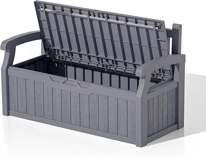 Patiowell 75 Gallon Plastic Storage Bench, Water-Resistant Deck Box for Patio Furniture, Garden Tools, Pool Storage and Outdoor Cushions, Grey