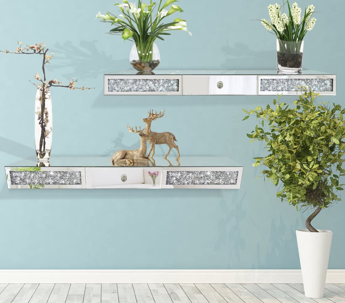 ST3000 Crystal Diamond Mirrored Wall Shelf with Drawer-31.5" Silver Mirror Crushed Glass Floating Shelf for Bedroom, Living Room, Vanity, Entryway-Glam Art Deco Display Shelf (Can Also Rest on Table)