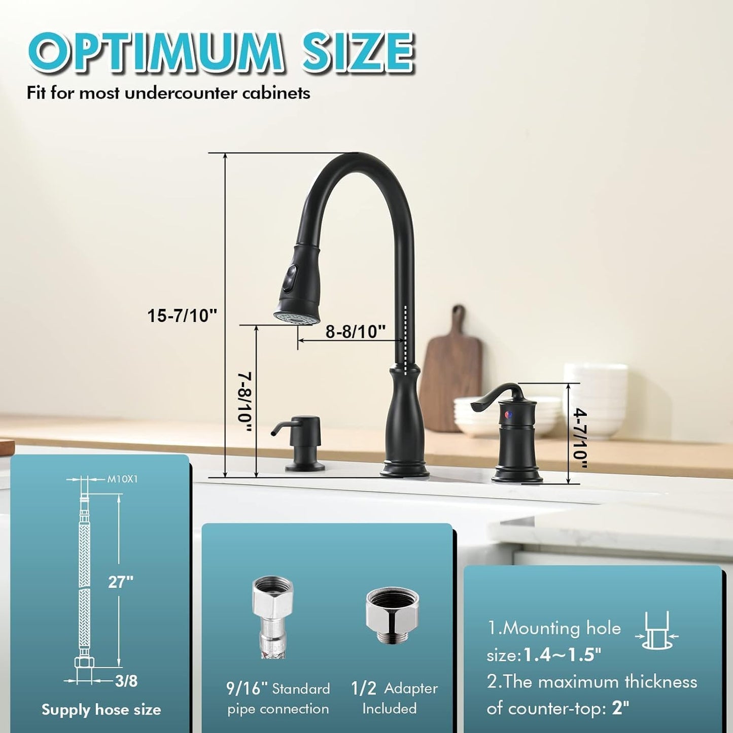 APPASO 3 Hole Kitchen Faucet with Pull Down Sprayer, Kitchen Faucets with Soap Dispenser, 3 Pieces Kitchen Sink Faucet with Separate Handle, Matte Black Kitchen Faucet 3 Hole, 218MB
