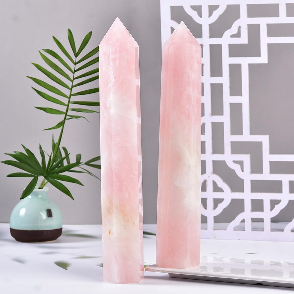 MOGEMT Large Rose Quartz Crystal Tower Natural Healing Crystal Point Wand Obelisk 6 Faceted Reiki Chakra Meditation Therapy Home Decor Gift 10-12 inch