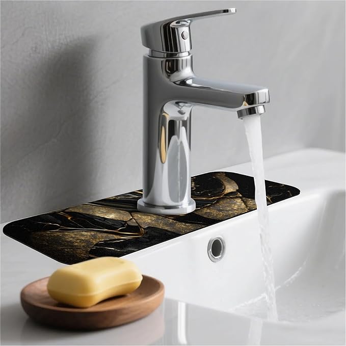 Kitchen Sink Splash Guard，Black and metallic gold marble Faucet Mat Sink