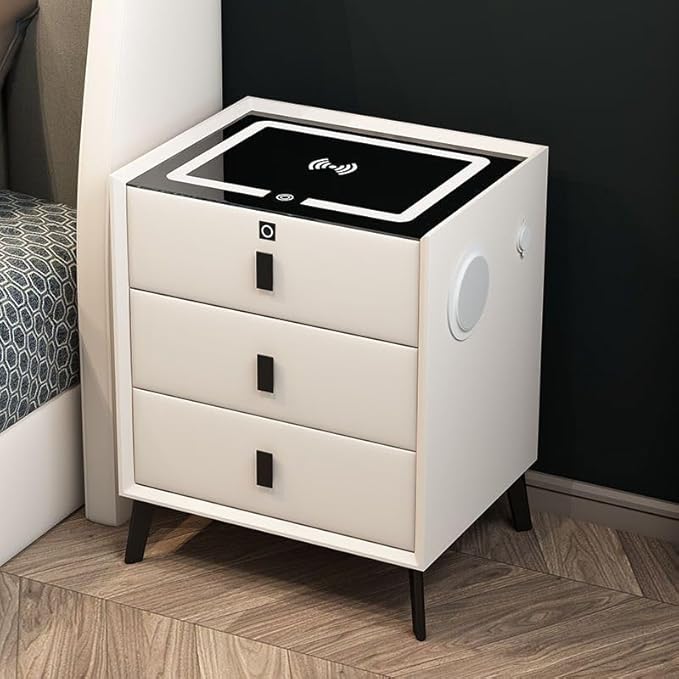 Smart Nightstand with Wireless Charging & Fingerprint Lock, 3-Drawer Bluetooth