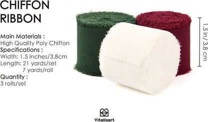 Vitalizart Christmas Handmade Chiffon Silk Ribbon Fringe 3 Rolls 1.5" x 21 Yd Frayed Edges Ribbons for Wedding Invitations Bridal Bouquets Gifts Wrapping Crafts Holiday Decor Red Green White