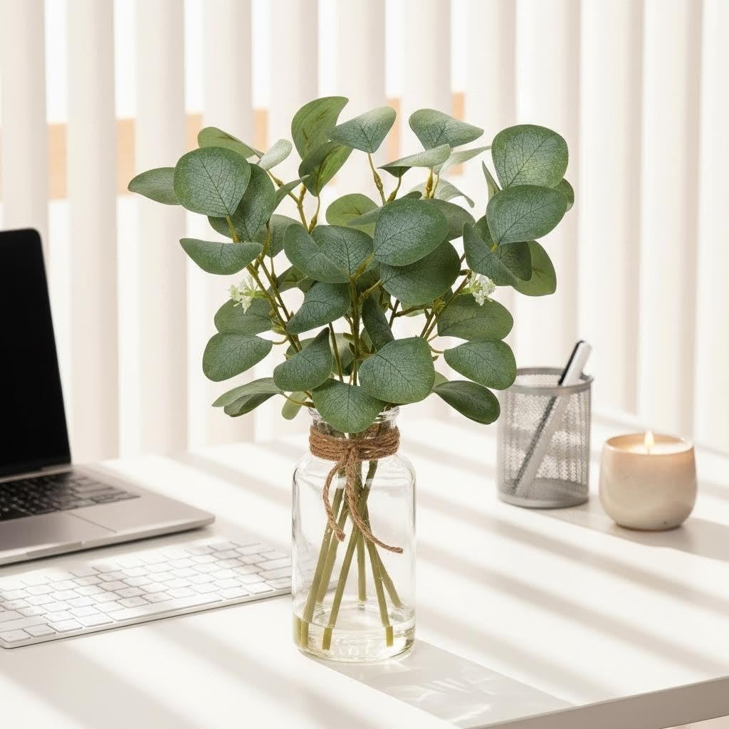 Briful Artificial Eucalyptus Stems in Glass Vase with Faux Water, 14" Fake Plant Eucalyptus Leaves for Home Bathroom Office Farmhouse Wedding Centerpiece Décor