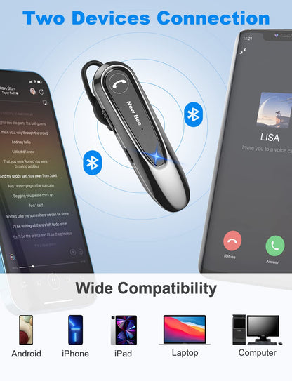 New bee Bluetooth Headsets with Dual Mic V5.0 Handsfree Bluetooth Earpiece with 25 Hrs Talking Time Mic Mute Two Device Connection for iPhone, Android and Laptop
