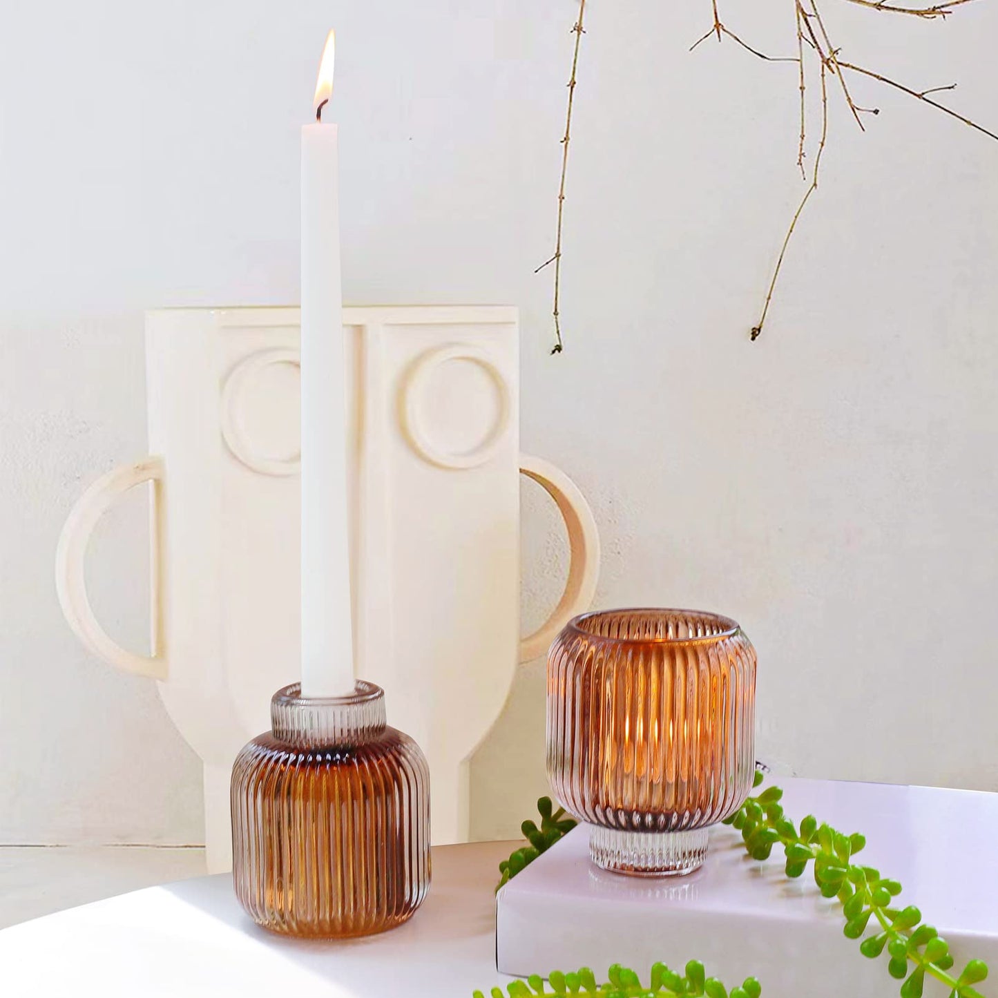 Woho Votive Candle Holders for Wedding Centerpieces, Tealight Candle Holder Set of 2, Glass Votive Candle Holder Bulk for Home Decor(Brown, 3.5'' Tall 3.1'' Diameter)