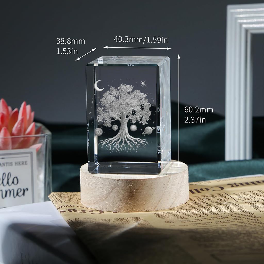 Tree of Life Gifts with Wooden Led Base, 3D Crystal Ball Tree of Life Figurine Night Light Lamp Gifts for Women Wife Girlfriend Couple Her Gift,Graduation Day,Birthday Gift for Kids, Bedroom Decor