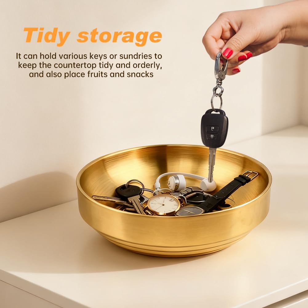 Qirvaten Gold Key Bowl, 7.4 Inches Decorative Bowls for Entryway Table with Coaster, Modern Key Holder Fruit Dish Catch All Bowl for Kitchen Counter Home Decor(Size: 7.4 Inches)