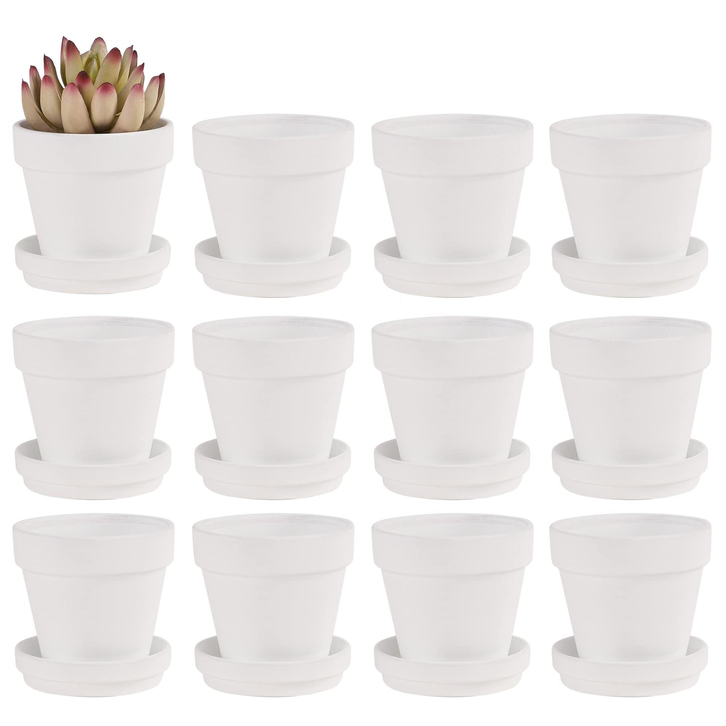 Fcacti 3 Inches Small White Terracotta Pots with Saucer, 12 Pack 3 Terra Cotta Planter with Drainage Holes, Small Clay Flower Pots for Plants, Succulents, Crafts, Wedding Favor