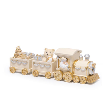 Hodao White Gold Christmas Train Decorations – Elegant Hand-Painted Resin Santa Claus and Teddy Bear Train, Luxury Ornament for Tabletop, Mantel, Home Christmas Decor Display