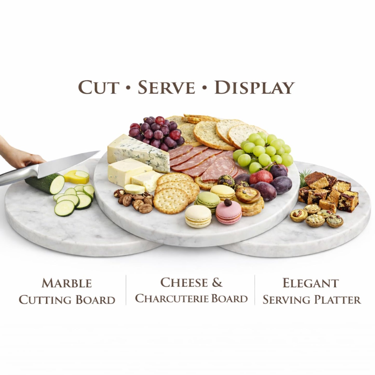 KC KULLICRAFT 11-Inch Round Marble Cheese Board – Solid White Natural Stone Cutting Board & Charcuterie Serving Tray with Non-Slip Feet, 0.5” Thick, Easy to Clean.