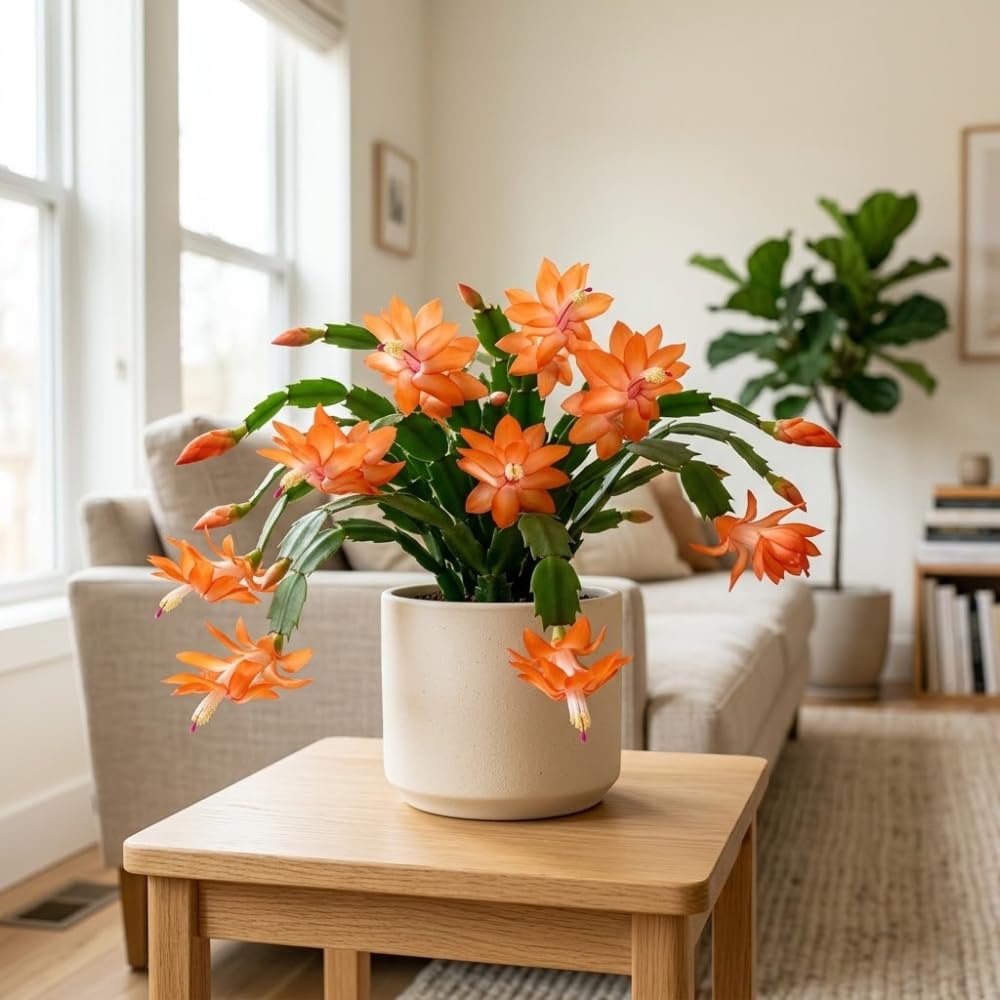 2 Orange Christmas Cactus Live Plant, 5-6 Inch Tall, Easy to Care Indoor Winter Houseplant for Office Desk and Patio Decor, Vigorous Live Holiday Plant